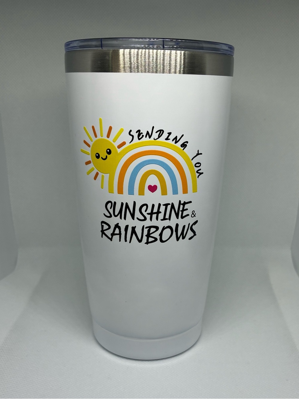 White Tumbler with Sunshine & Rainbow Graphic